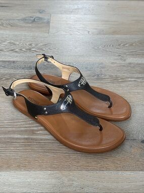 MichaelKors Silver MK Plate Black Leather T-Strap Thong Sandal Cushion Footbed-9